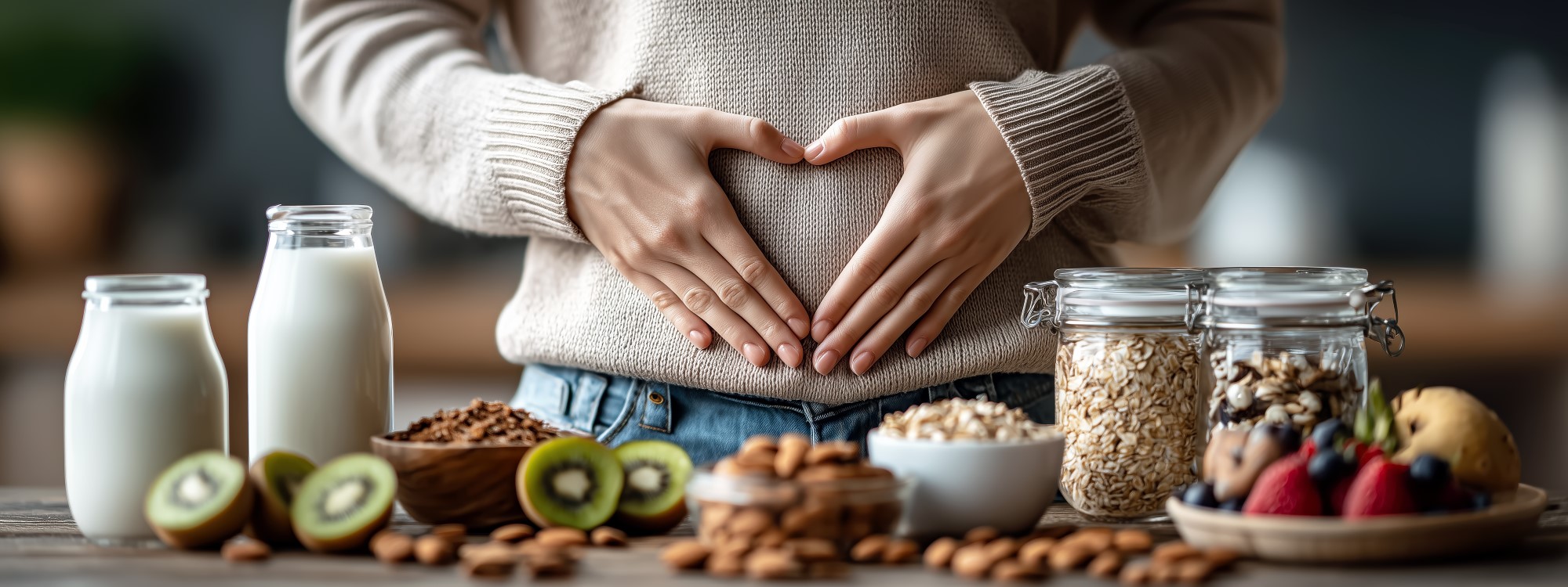 Frau in beigem Pullover hält sich die Hände auf den Bauch und formt mit den Fingern ein Herz, auf dem Tisch vor ihr stehen Lebensmittel wie Kiwis, Müsli und Beeren